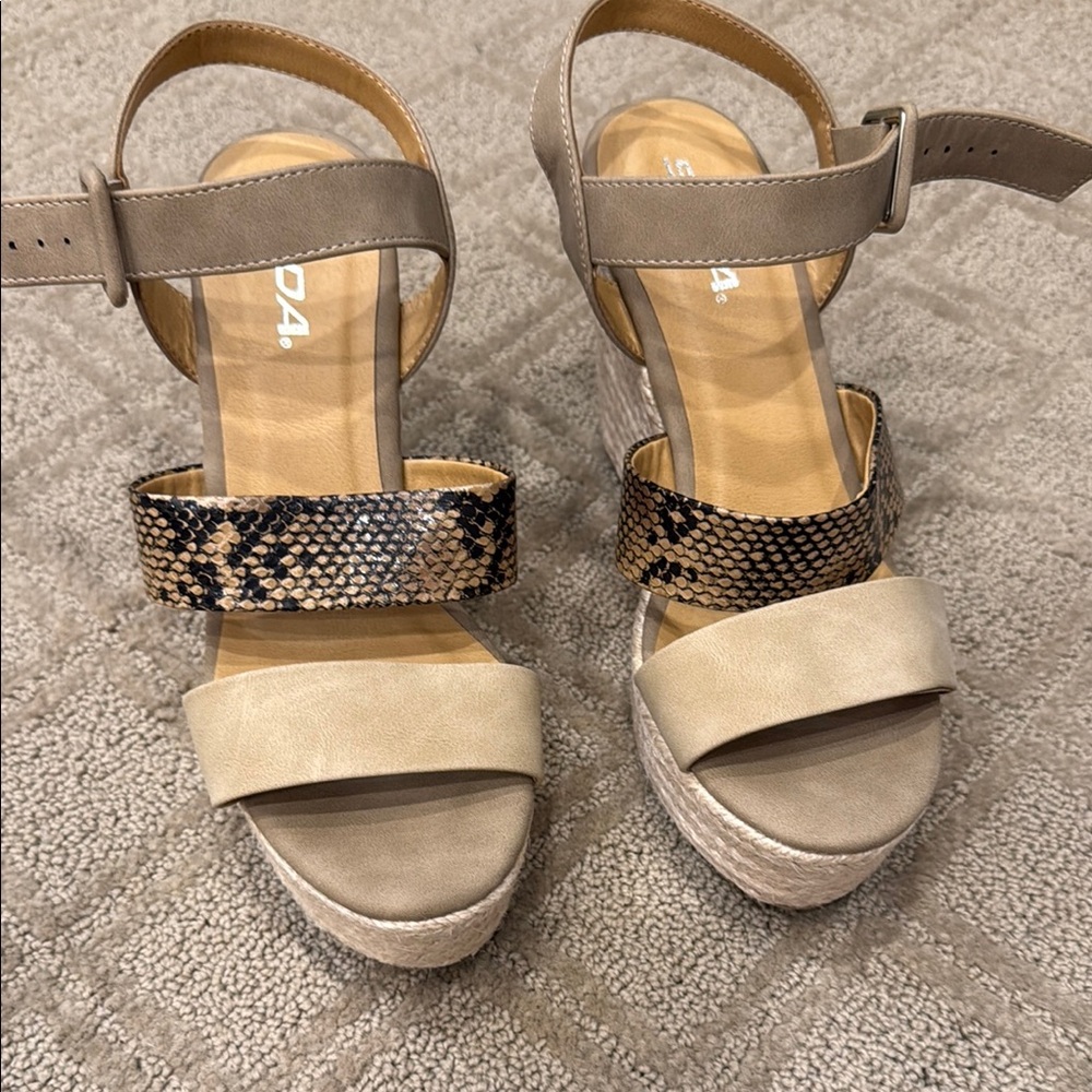 Soda Women's Tan and Snake Print Wedge Sandals